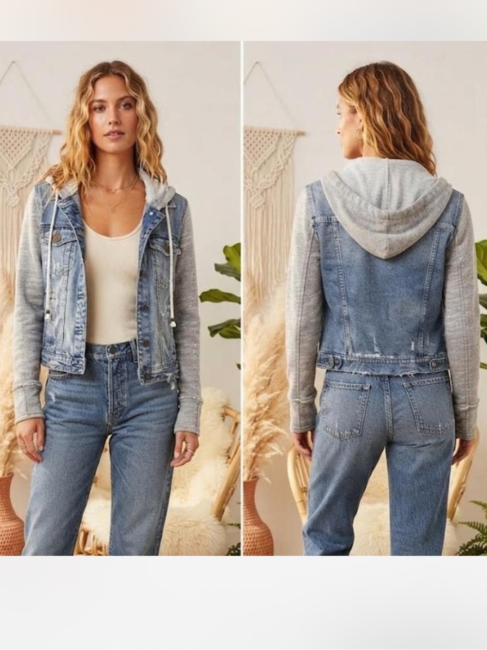 Free People Denim Grey Jersey Detachable Hood Jean Jacket Medium